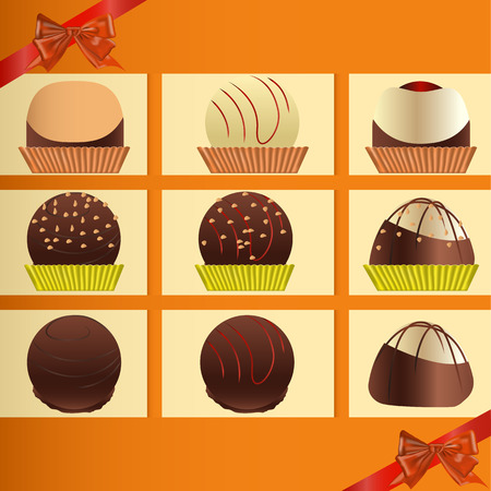 Vector image of a set of chocolate, truffle candy on a banner with ribbons and bowsのイラスト素材