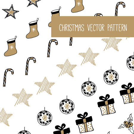 New Year and Merry Christmas pattern. Gold, white, black design. Vector illustrations. Hand draw concept.のイラスト素材