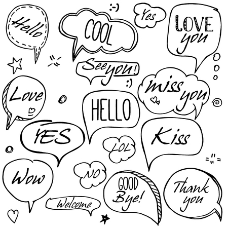 Set of hand drawn think and talk speech bubbles with love message, greetings and sale ad. Doodle style comic balloon, cloud, heart shape design elements. Isolated vector.のイラスト素材
