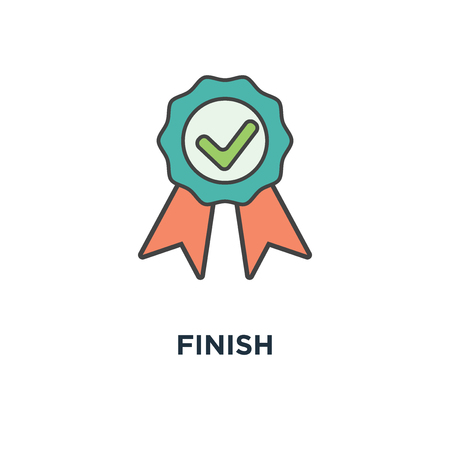 finish icon. completed, achievement, green approved sticker, done stamp, outline, badge, check concept symbol design, fixed, certified, success, check mark vector illustrationのイラスト素材