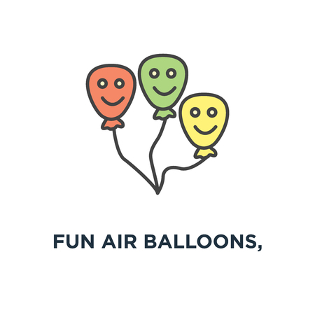 fun air balloons, party icon, symbol of surprise or celebration smiling happy balloons characters, funny in cartoon linear style, concept birthdayのイラスト素材
