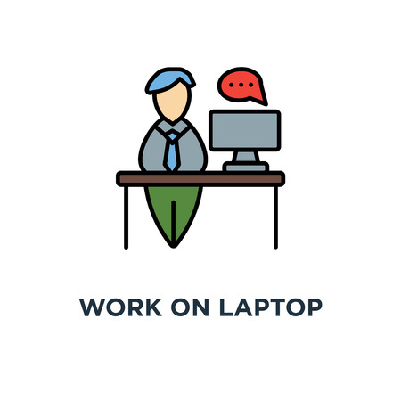 work on laptop icon. workplace, cute cartoon adult man working on computer, freelancer character concept symbol design, supporter, online support or chatting, answers and questions, business, officeのイラスト素材