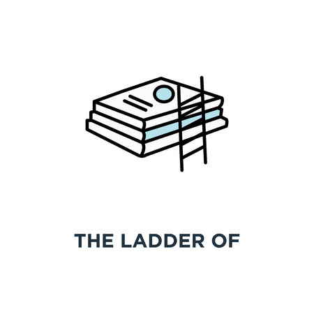 the ladder of knowledge leans on books icon. the more knowledge the more the horizon, outline of education, studies progress, concept symbol design, teaching, schooling, growth, evolution vectorのイラスト素材