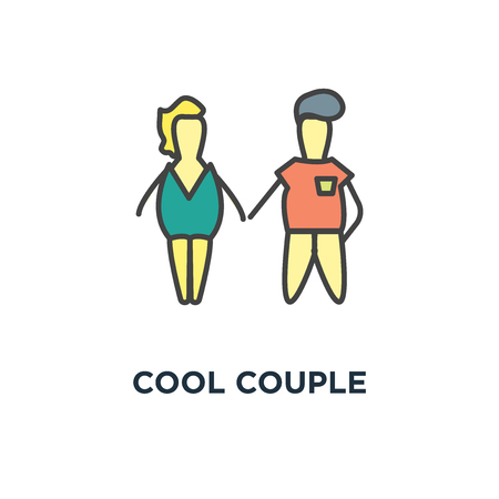 cool couple icon, symbol of man and woman resting on the beach, summer rest, sea vacation, cute funny characters on background, conceptのイラスト素材