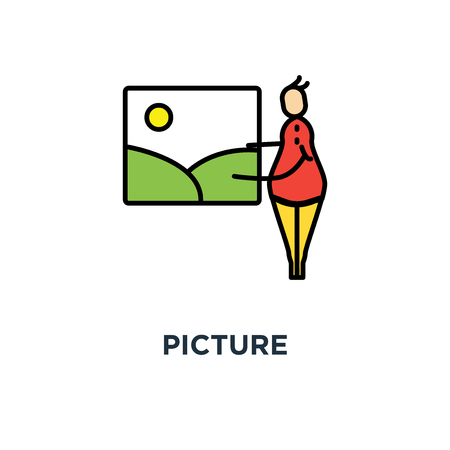 picture icon. photo gallery, photo album, cute cartoon character puts, sending or attaching the picture to the frame, outline, concept symbol design, art, exhibitions, painting, portfolio vectorのイラスト素材