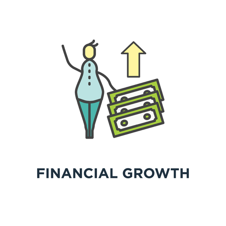 financial growth icon. compound interest, money return or budget management, cute cartoon man with two with two stacks of money, concept symbol design, added value, financial investments, futureのイラスト素材