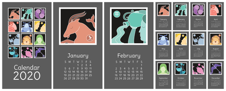 Calendar 2020. Zodiac signs: aquarius, libra, leo, taurus, cancer, pisces, virgo, capricorn, sagittarius, aries, gemini, scorpio. Astrological calender. Color vector horoscope. Colorful designのイラスト素材