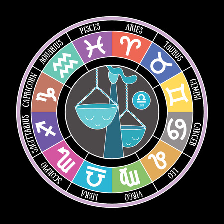 Libra zodiac sign. Aquarius, leo, taurus, cancer, pisces, virgo, capricorn, sagittarius, aries, gemini, scorpio. Cartoon scales. Astrological calendar collection, zodiacal round. Color vector horoscope. Colorful elementsのイラスト素材
