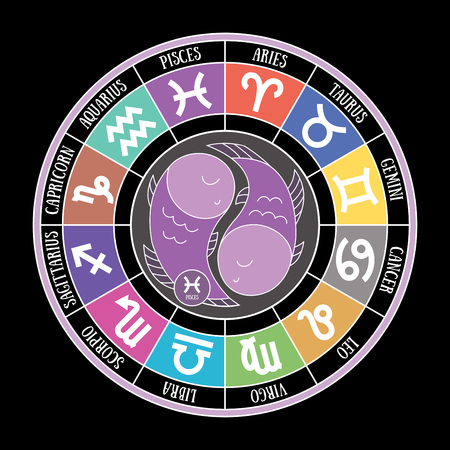 Pisces zodiac sign. Aquarius, libra, leo, taurus, cancer, virgo, capricorn, sagittarius, aries, gemini, scorpio. Cartoon fish. Astrological calendar collection, zodiacal round. Color vector horoscope. Colorful elementsのイラスト素材