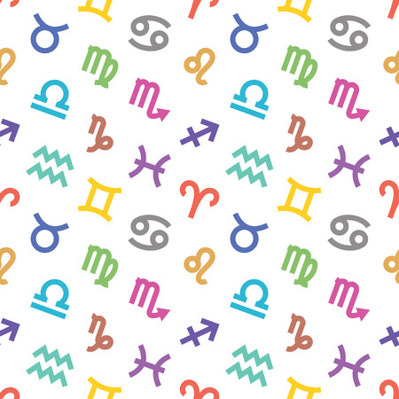 Zodiac signs seamless pattern. Aquarius, libra, leo, taurus, cancer, pisces, virgo, capricorn, sagittarius, aries, gemini, scorpio. Astrological calendar background. Zodiacal color vector horoscopeのイラスト素材