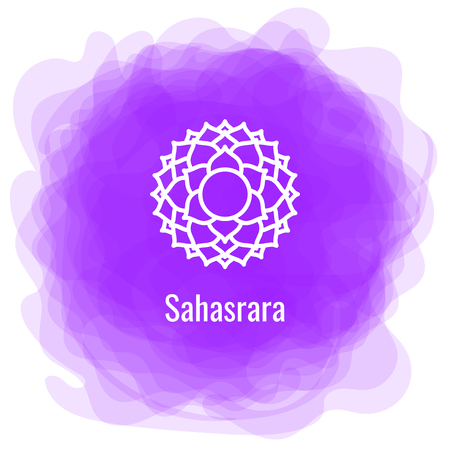 Sahasrara icon. The seventh crown, parietal chakra. Vector purple smoky circle. Line symbol. Sacral sign. Meditationのイラスト素材