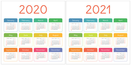 Calendar 2020, 2021 years. Colorful set. Week starts on Sunday. Basic grid. Pocket calenderのイラスト素材