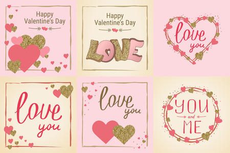 Happy Valentine's Day greeting card set. Love. Gold and pink colors. Poster. Hand drawn heart. Design for wedding. February 14 bannerのイラスト素材