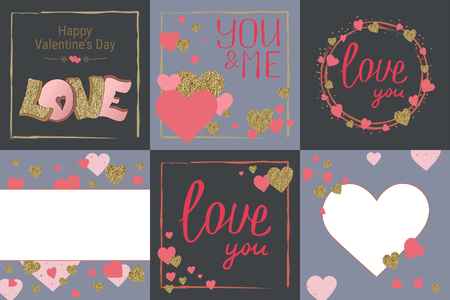 Happy Valentine's Day greeting card set. Love. Gold and pink colors. Poster. Hand drawn heart. Design for wedding. February 14 bannerのイラスト素材