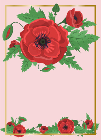 Floral frame for wedding invitation. Poppy flowers. Vector design template. Greeting card. Holiday. Red poppiesのイラスト素材