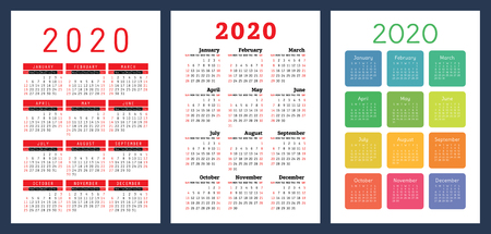 Calendar 2020. Colorful set. Week starts on Sunday. Basic grid. English vector calender collection for print. New year. Color simple designのイラスト素材