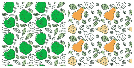 Seamless pattern set. Juicy fruit. Apple and pear. Hand drawn color vector sketch background. Colorful doodle wallpaper. Summer printのイラスト素材