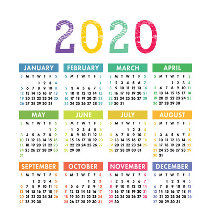 Calendar 2020 year. Vector pocket or wall calender template. Colorful design. Week starts on Sundayのイラスト素材