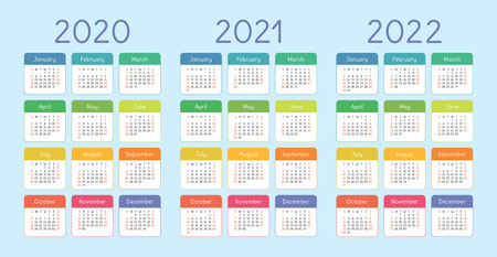 Calendar 2020, 2021, 2022 years. Vertical vector calender design template. Colorful set. Week starts on Sundayのイラスト素材