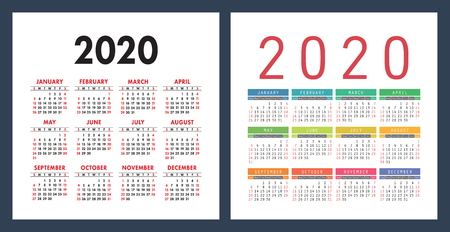 English calendar 2020 year. Vector calender design template. Colorful set. Week starts on Sundayのイラスト素材