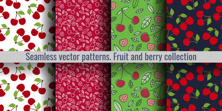 Cherry seamless pattern set. Red berry. Fashion design. Food print for kitchen tablecloth, curtain or dishcloth. Hand drawn doodle wallpaper. Vector sketch backgroundのイラスト素材