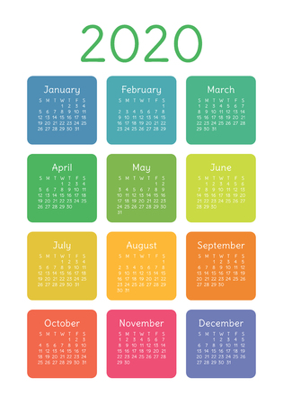 Calendar 2020 year. Vector design template. Colorful English vertical pocket calender. Week starts on Sundayのイラスト素材