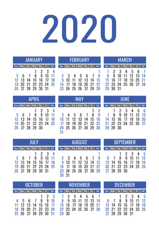 Calendar 2020 year. Vector design template. English vertical pocket calender. Week starts on Sundayのイラスト素材