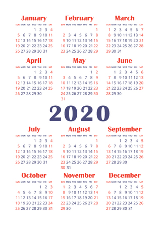 Calendar 2020 year. Vector design template. English vertical pocket calender. Week starts on Sundayのイラスト素材
