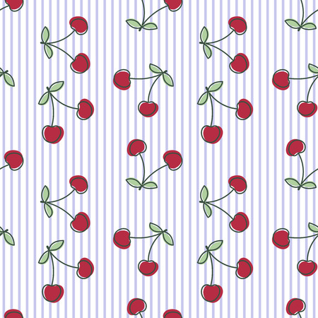 Cherry seamless pattern. Hand drawn fresh berry. Vector sketch striped background. Color doodle wallpaper. Bright print for clothesのイラスト素材