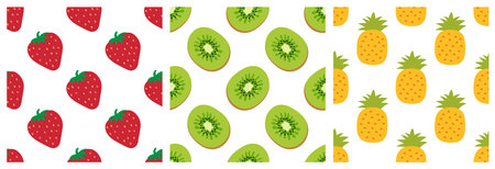 Tropical fruit and berry seamless pattern set. Strawberry, kiwi and pineapple. Exotic fashion...