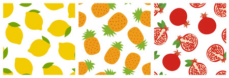 Lemon, pineapple and garnet. Fruit seamless pattern set. Fashion design. Food print for clothes,...