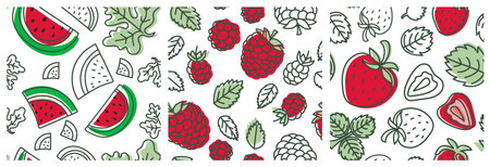 Red berry seamless pattern set. Watermelon, raspberry and strawberry. Fashion design. Food print for...