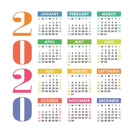 Calendar 2020 year. Vector design template. Colorful English square pocket calender. Week starts on Sundayのイラスト素材