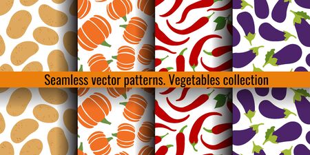 Vegetables seamless pattern set. Potato, pumpkin, pepper chili and eggplant. Fashion design. Food print for curtain. Hand drawn vector sketch background collectionのイラスト素材