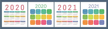 Calendar 2020, 2021. Square vector calender design template. English colorful set. Week starts on Sunday. New yearのイラスト素材