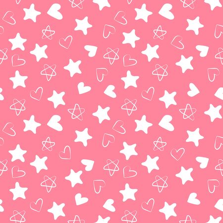 Hearts and stars seamless pattern. Kid's fashion design print. Design elements for wedding, birthday or Valentine's day. Hand drawn doodle repeating shapes. Cute pink and white wallpaperのイラスト素材