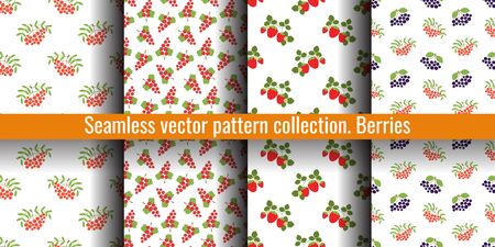 Mountain ash, rowan, viburnum, black chokeberry, strawberry and red currant. Seamless pattern set. Vector berries. Natural fashion design print collection.  Textile or clothes. Healthy food backgroundsのイラスト素材