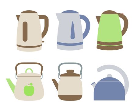 Electric and gas kettles. Flat style teapots. Cookware collection. Metal and plastic samples. Color illustration set. Vector icons. Mockupのイラスト素材
