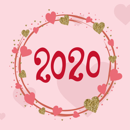 2020 love year. Hand drawn heart sketch. Greeting card. Gold and pink colors. Lettering. Poster or...