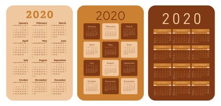2020 year. Pocket calendar set. Vector design collection. Week starts on Sunday. Color English calender. Basic grid template for printのイラスト素材