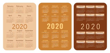 2020 year. Pocket calendar set. Vector design collection. Beige and brown English calender. Basic grid template for print. Week starts on Sundayのイラスト素材