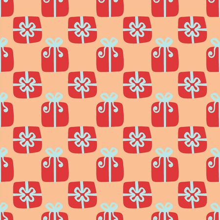 Christmas gifts pattern. Winter holiday wallpaper. Box with ribbon and bow. Seamless texture for the New Yearのイラスト素材