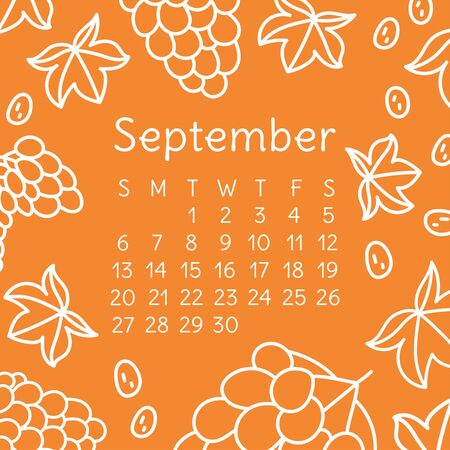 Calendar September 2020. Vector English wall calender template. Fruits, berries. Grapes. Hand drawn design. Doodle sketch. Sundayのイラスト素材