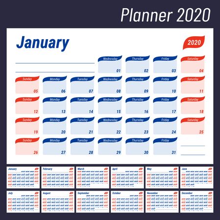 2020 planner. Schedule design, journal, day book, diary or to-do list. English calendar. Color vector template. Week starts on Sunday. Business planning. New year calender. Tableのイラスト素材