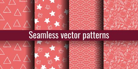Coral red seamless pattern set. Triangle, star, wave and apple. Fashion print. Design elements for textiles or clothes. Hand drawn doodle cute wallpaper. Abstract backgroundのイラスト素材