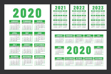 Calendar 2020, 2021, 2022 and 2023. English color vector set. Wall or pocket calender template. Design collection. New year. Week starts on Sundayのイラスト素材