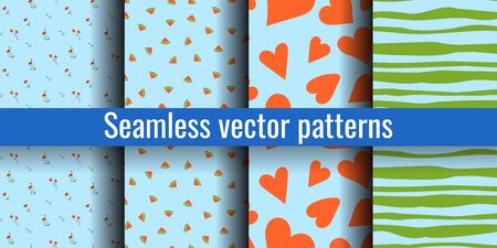 Seamless pattern set. Trendy blue print collection. Poppy, watermelon, heart, stripes. Design elements for textiles or clothes. Hand drawn doodle cute wallpaperのイラスト素材