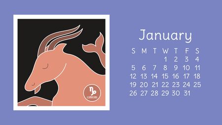January 2020. Calendar. Zodiac sign: capricorn. Vector horoscope. Astrological calender. Color designのイラスト素材