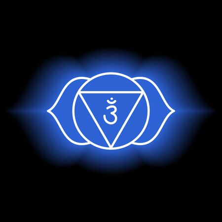 Ajna icon. The sixth frontal chakra. Third eye. Vector indigo blue gloss and shine. Line symbol. Sacral sign. Meditationのイラスト素材