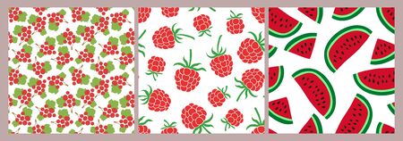 Berry seamless pattern set. Vector food fashion print. Red currant, raspberry and watermelon. Design elements for textile or clothes. Hand drawn doodle repeating delicacies. Cute backgroundのイラスト素材